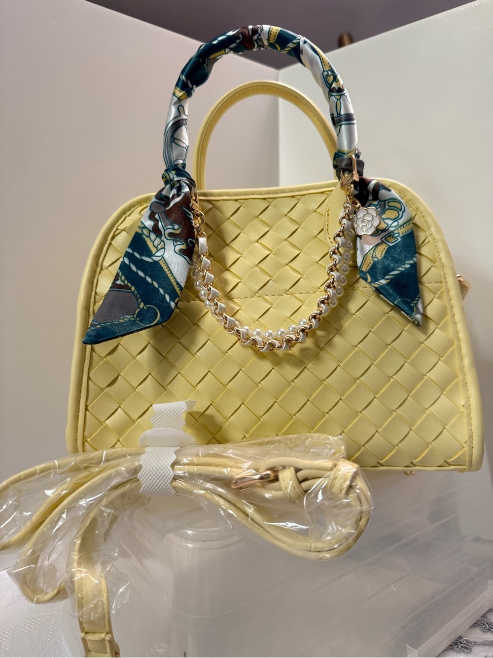 Elegant Yellow Woven Satchel with Pearl-Chain Detail